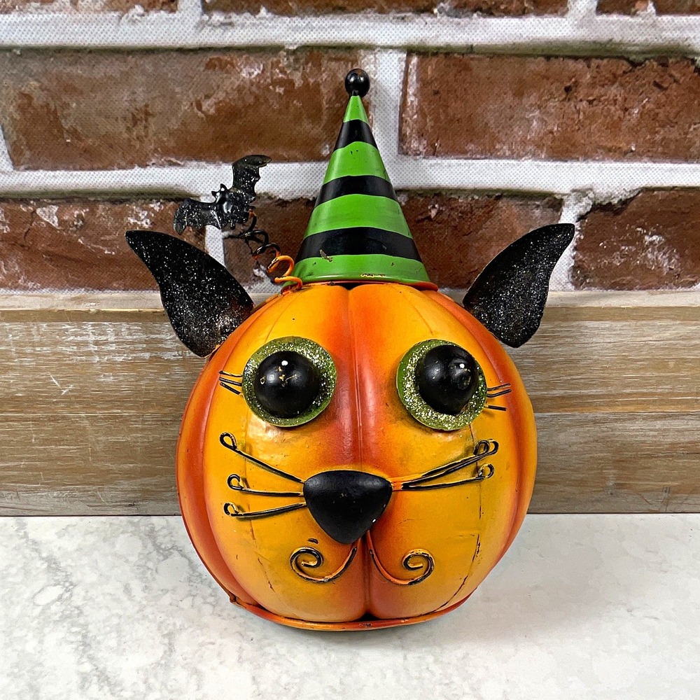 Halloween Cat Pumpkin Figurine Green Witch Hat Metal Painted 3D Effect